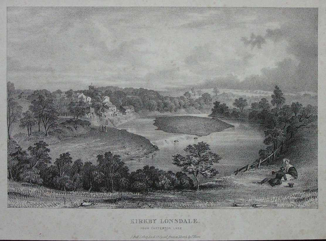 Lithograph - Kirkby Lonsdale from Casterton Lane - Bell